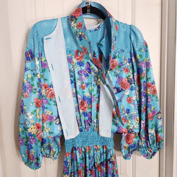 Diane Freis Womens Dress Jacket Set Vtg Georgette Blue Polka Dot Floral Maxi 6 - Picture 9 of 16